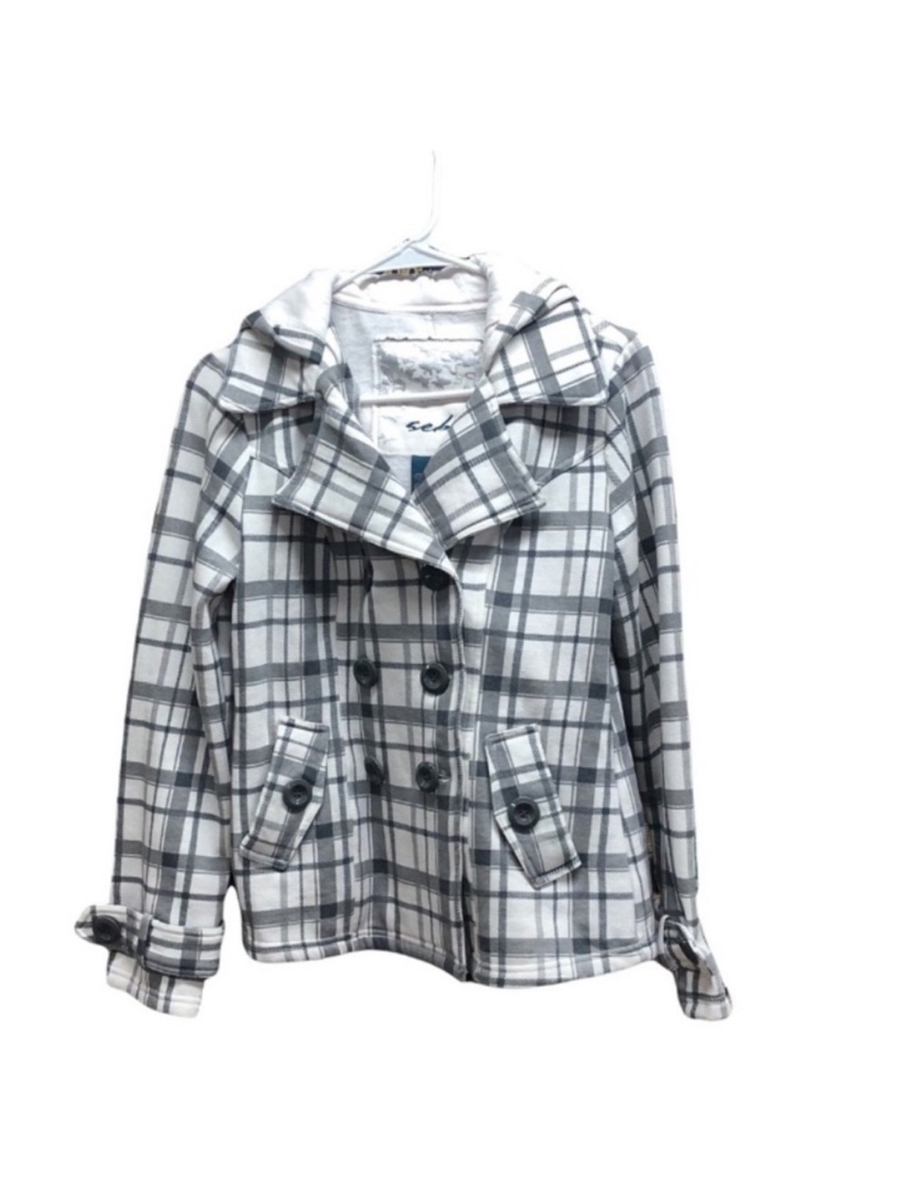 SEBBY Gray And White Woman’s PLAID Double-Breasted Pea COAT With Hood Size SMALL